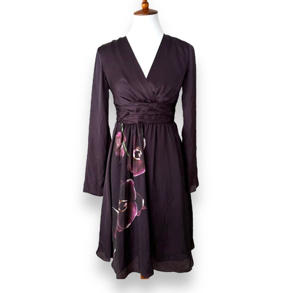 Altuzarra Target A-Line Dress Purple Floral Faux Wrap Ruched Long Sleeve Size 2